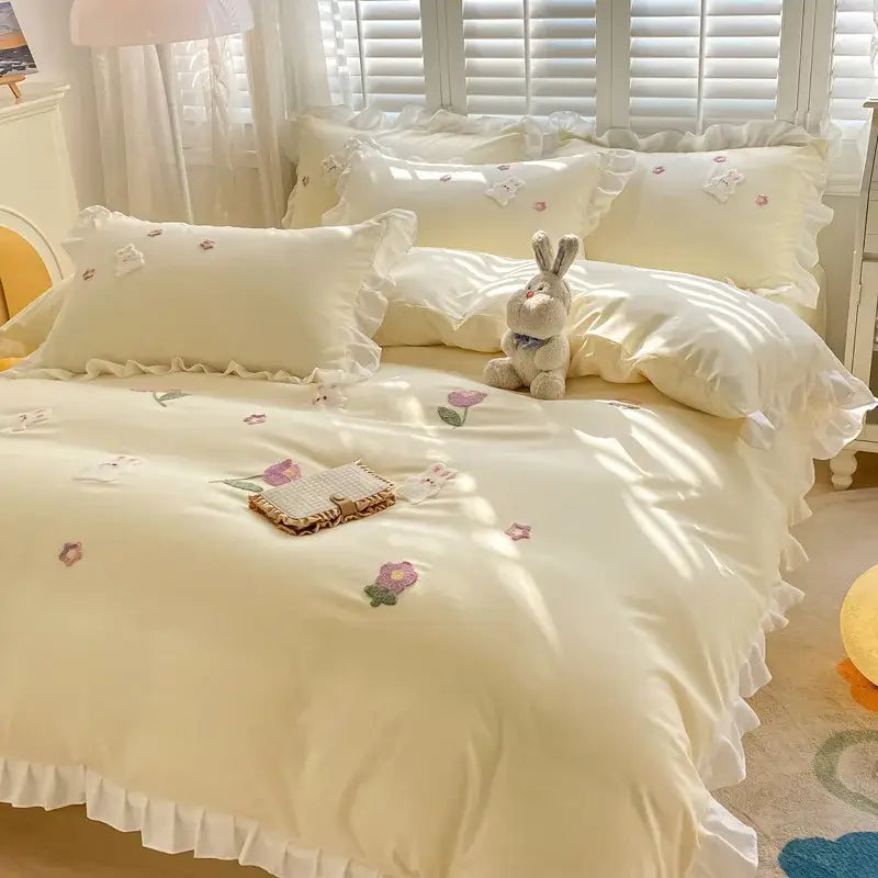 Cartoon princess embroidered light blue & white bedding set bedroom