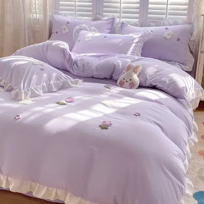 Cartoon princess embroidered light blue & white bedding set bedroom