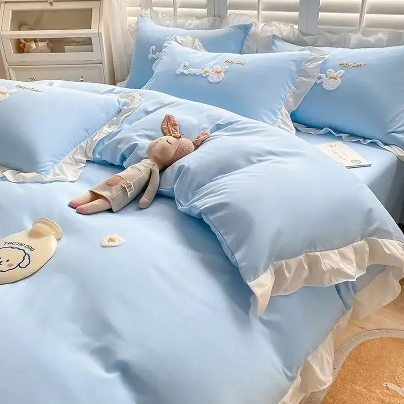Cartoon princess embroidered light blue & white bedding set bedroom