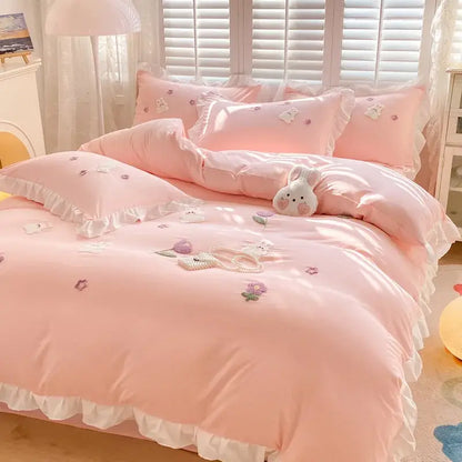 Cartoon princess embroidered light blue & white bedding set bedroom