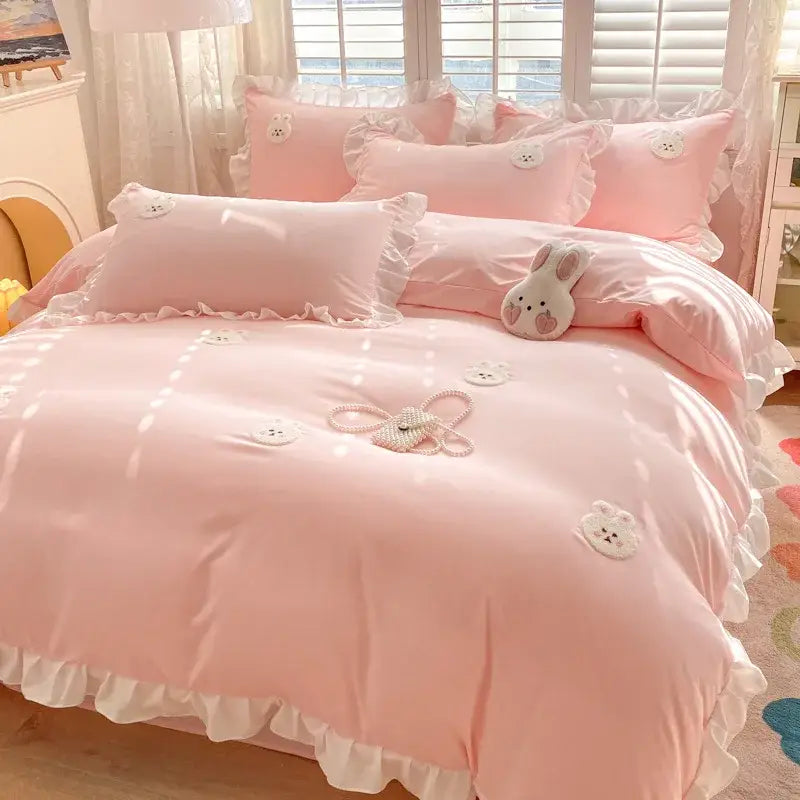Cartoon princess embroidered light blue & white bedding set bedroom