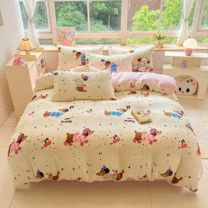 Cartoon print pink & green cotton bedding set bedroom teddy bear