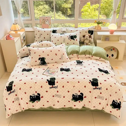 Cartoon print pink & green cotton bedding set bedroom teddy bear