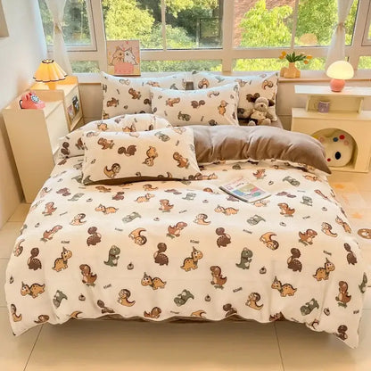 Cartoon print pink & green cotton bedding set bedroom teddy bear