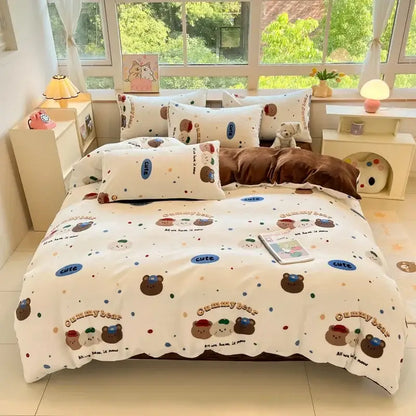 Cartoon print pink & green cotton bedding set bedroom teddy bear