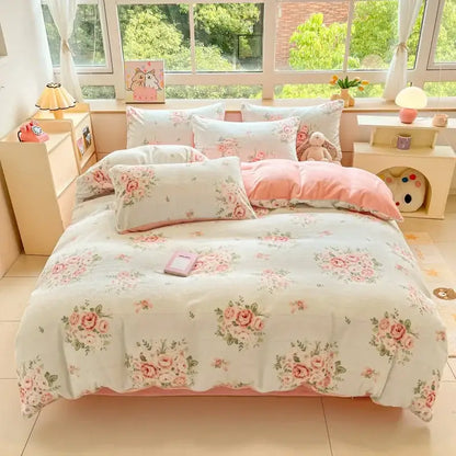 Cartoon print pink & green cotton bedding set bedroom teddy bear