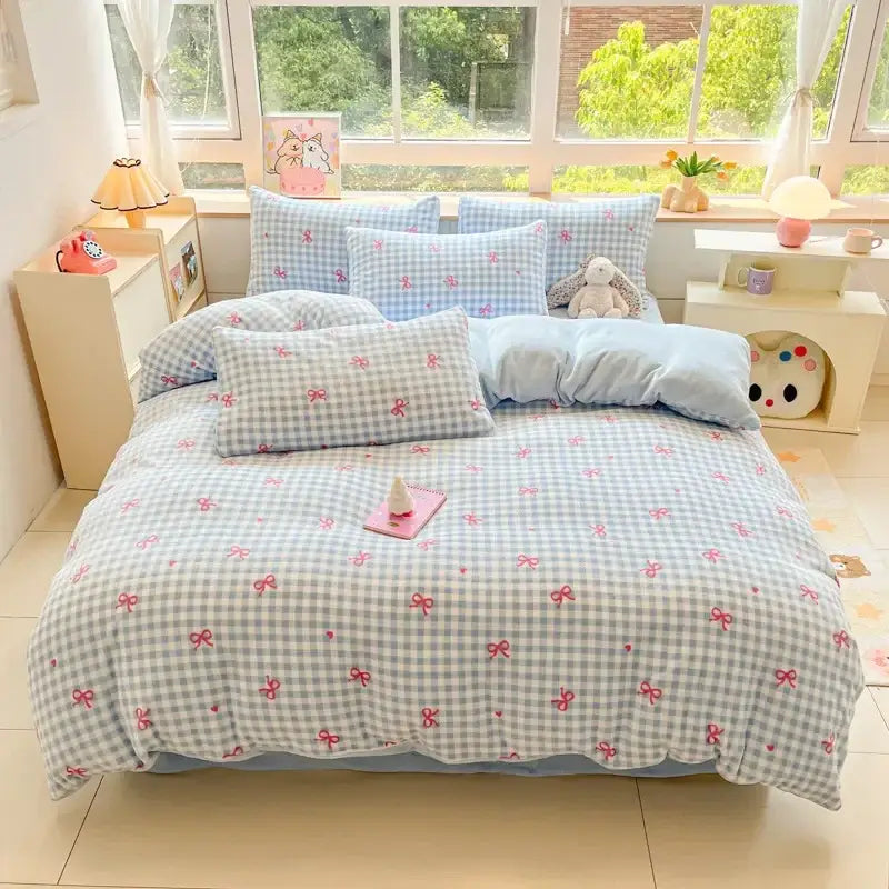 Cartoon print pink & green cotton bedding set bedroom teddy bear
