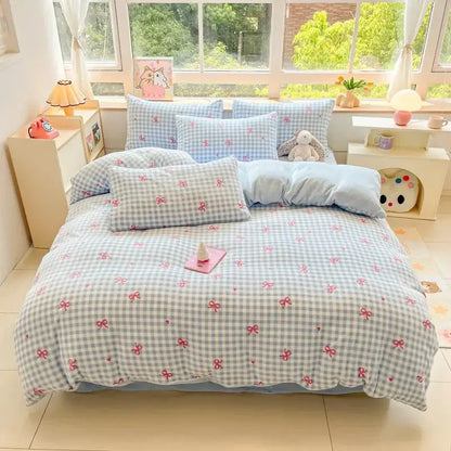 Cartoon print pink & green cotton bedding set bedroom teddy bear