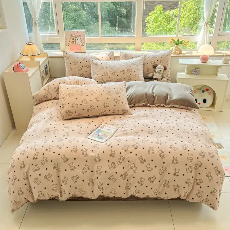 Cartoon print pink & green cotton bedding set bedroom teddy bear