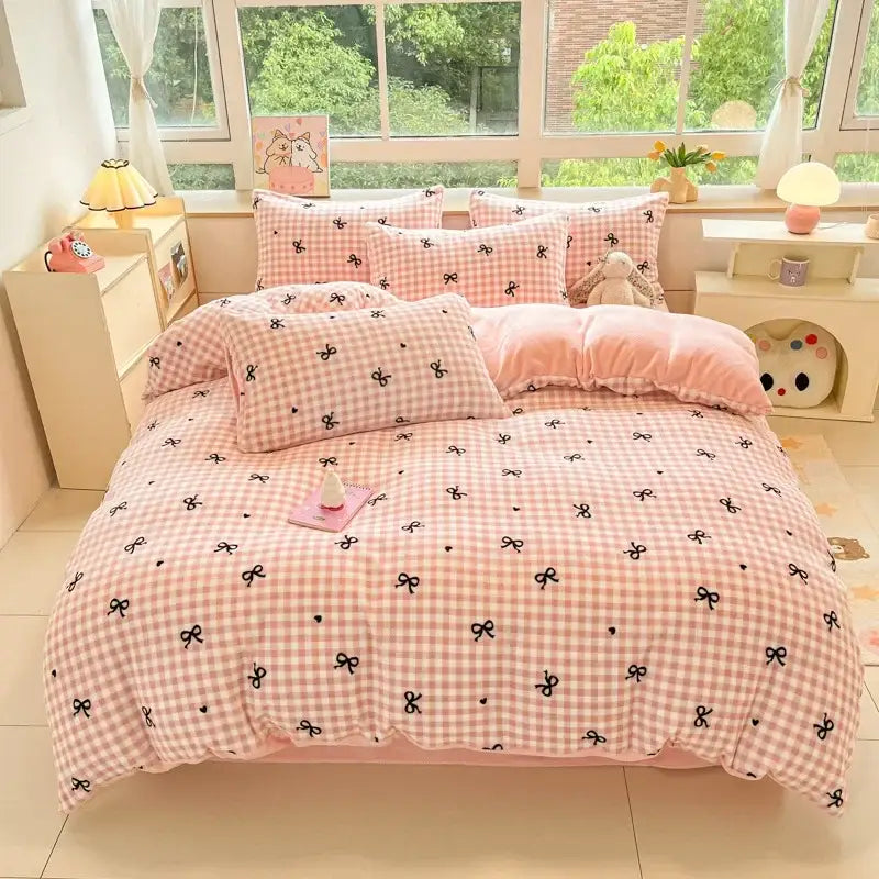 Cartoon print pink & green cotton bedding set bedroom teddy bear