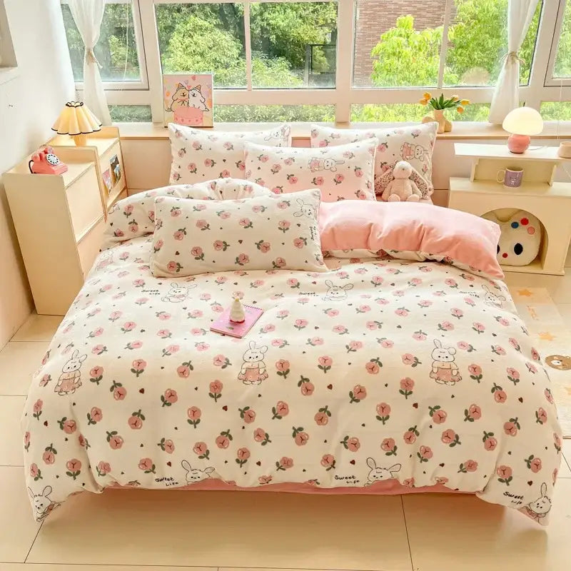 Cartoon print pink & green cotton bedding set bedroom teddy bear