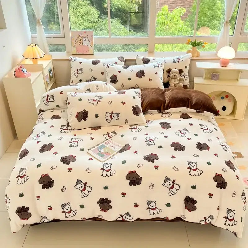Cartoon print pink & green cotton bedding set bedroom teddy bear