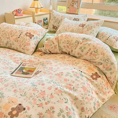 Cartoon print pink & green cotton bedding set bedroom teddy bear