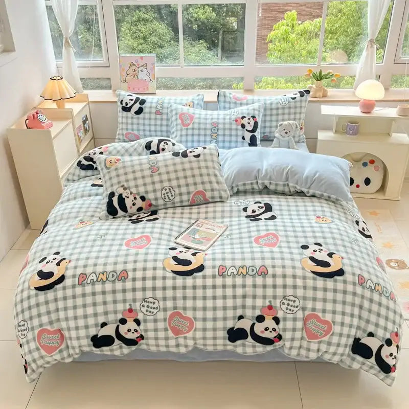 Cartoon print pink & green cotton bedding set bedroom teddy bear