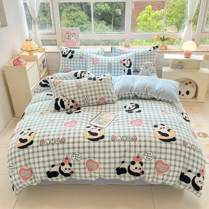 Cartoon print pink & green cotton bedding set bedroom teddy bear