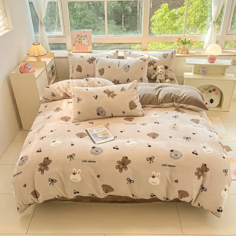 Cartoon print pink & green cotton bedding set bedroom teddy bear