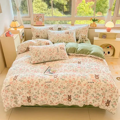 Cartoon print pink & green cotton bedding set bedroom teddy bear