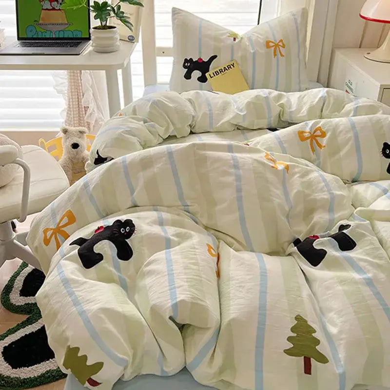 Cartoon printed bedding sets cream & blue bedroom cat duvet set