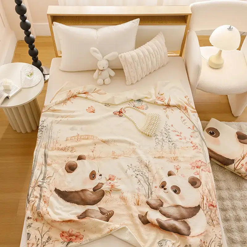 Cartoon printed cotton blanket cream teddy bear bedroom sofa cover