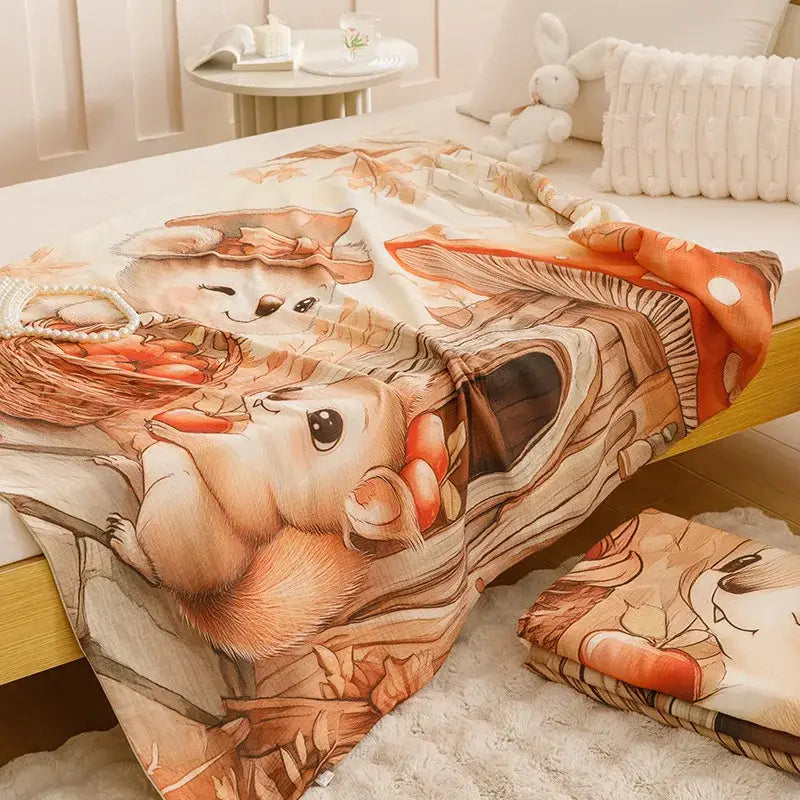 Cartoon printed cotton blanket cream teddy bear bedroom sofa cover
