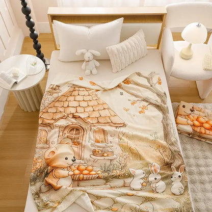 Cartoon printed cotton blanket cream teddy bear bedroom sofa cover