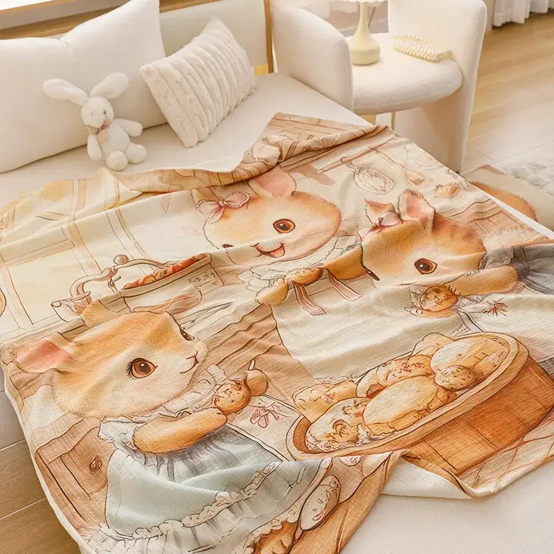 Cartoon printed cotton blanket cream teddy bear bedroom sofa cover