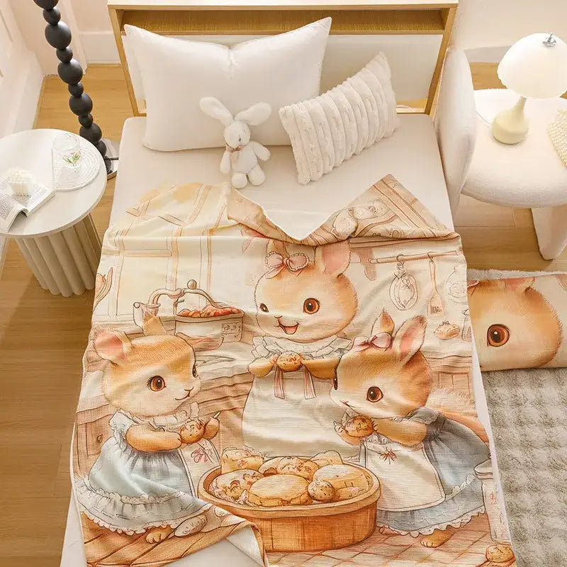 Cartoon printed cotton blanket cream teddy bear bedroom sofa cover