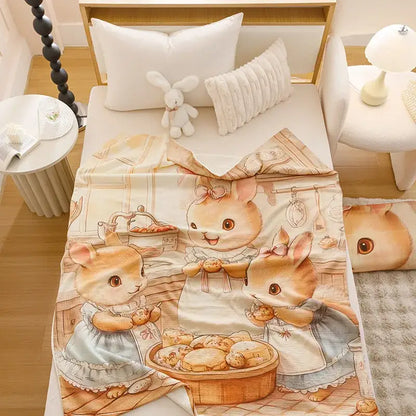 Cartoon printed cotton blanket cream teddy bear bedroom sofa cover