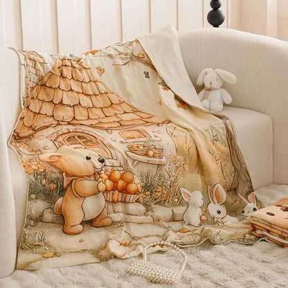 Cartoon printed cotton blanket cream teddy bear bedroom sofa cover