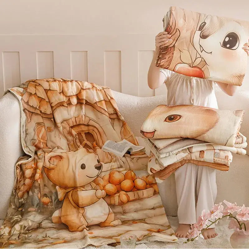 Cartoon printed cotton blanket cream teddy bear bedroom sofa cover
