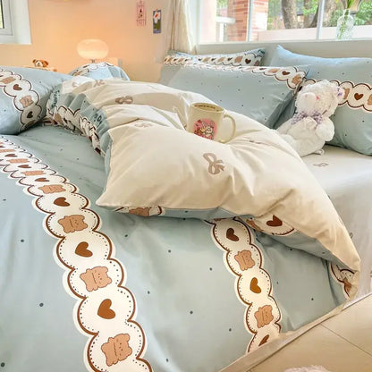Cartoon printed cotton duvet cover cream bedroom bedding set