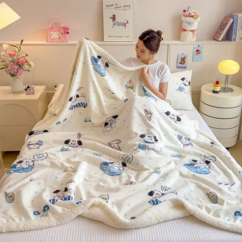 Cartoon printed lamb wool cream dog blanket bedroom throw sofa cover