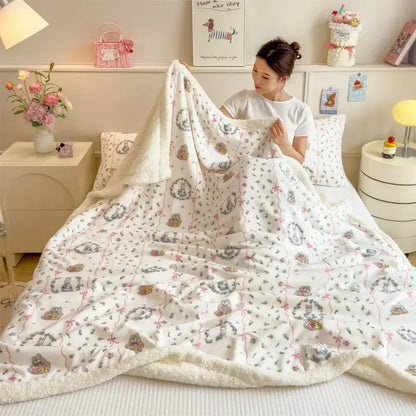 Cartoon printed lamb wool cream dog blanket bedroom throw sofa cover