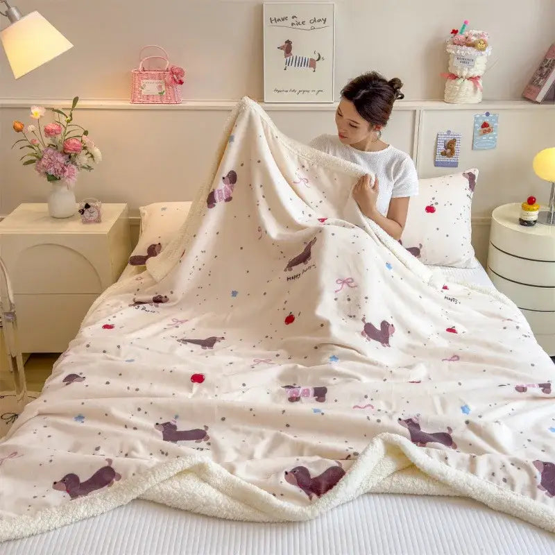 Cartoon printed lamb wool cream dog blanket bedroom throw sofa cover