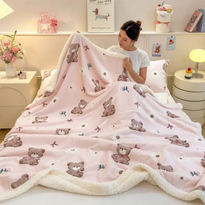 Cartoon printed lamb wool cream dog blanket bedroom throw sofa cover