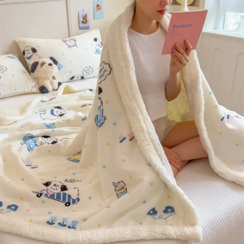 Cartoon printed lamb wool cream dog blanket bedroom throw sofa cover