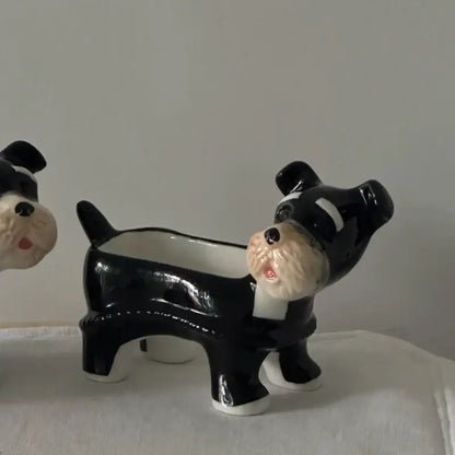 Cartoon puppy schnauzer black & white ceramic shakers dining room decor