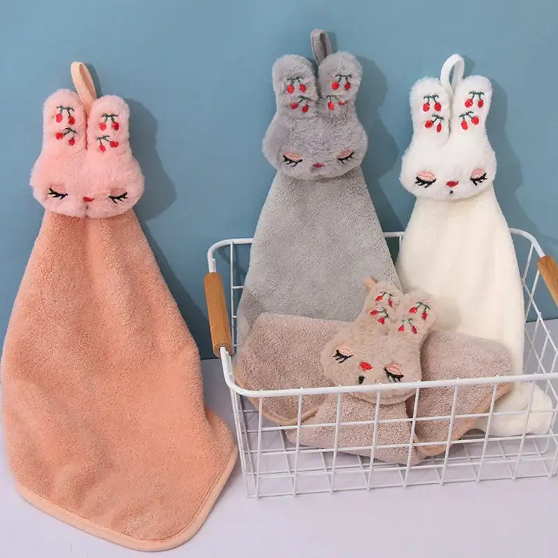 Cartoon rabbit coral velvet hand towel set kitchen plush bunny decor