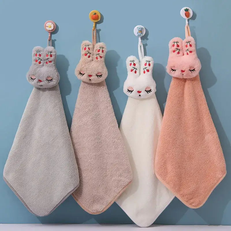 Cartoon rabbit coral velvet hand towel set kitchen plush bunny decor