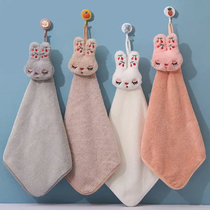 Cartoon rabbit coral velvet hand towel set kitchen plush bunny decor