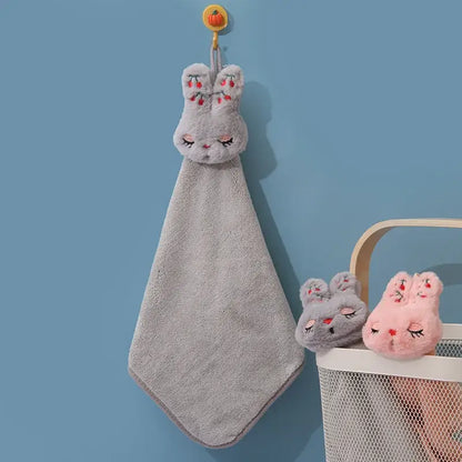 Cartoon rabbit coral velvet hand towel set kitchen plush bunny decor