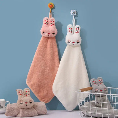Cartoon rabbit coral velvet hand towel set kitchen plush bunny decor
