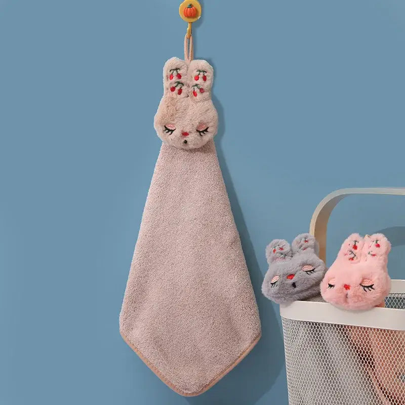 Cartoon rabbit coral velvet hand towel set kitchen plush bunny decor