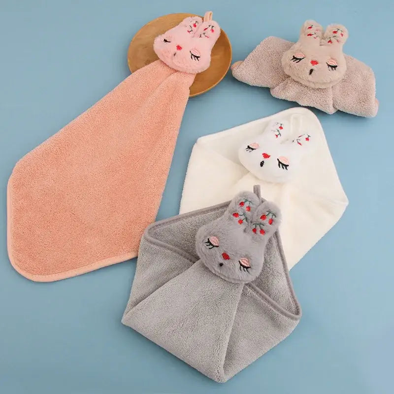 Cartoon rabbit coral velvet hand towel set kitchen plush bunny decor