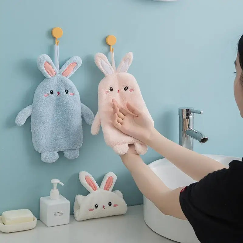 Cartoon rabbit pink & blue microfiber hand towel bathroom decor
