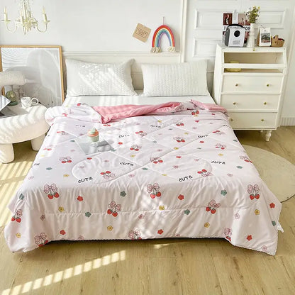 Cartoon strawberry white & pink quilted double blanket bedroom