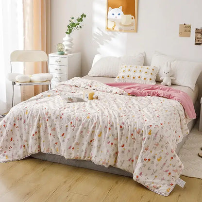 Cartoon strawberry white & pink quilted double blanket bedroom