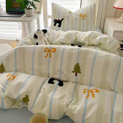 Cartoon style cream & blue bedding sets bedroom cotton cat print