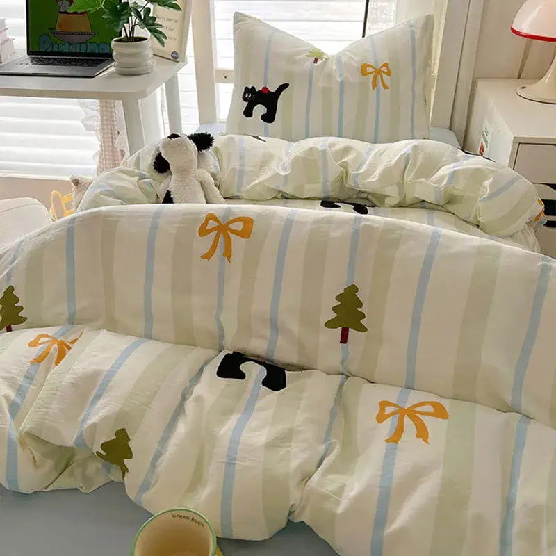 Cartoon style cream & blue bedding sets bedroom cotton cat print