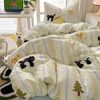 Cartoon style cream & blue bedding sets bedroom cotton cat print